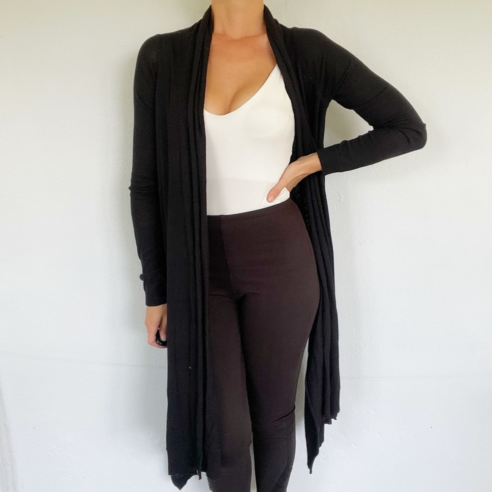GAP black ribbed stretch knit long open front drape cardigan size XS
